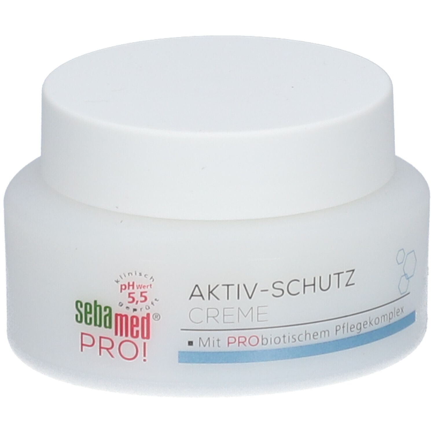 Weißes Creme-Glas mit Deckel. Aufschrift: sebamed PRO! Aktiv-Schutz Creme. pH-Wert 5,5. Mit probiotischem Pflegekomplex.