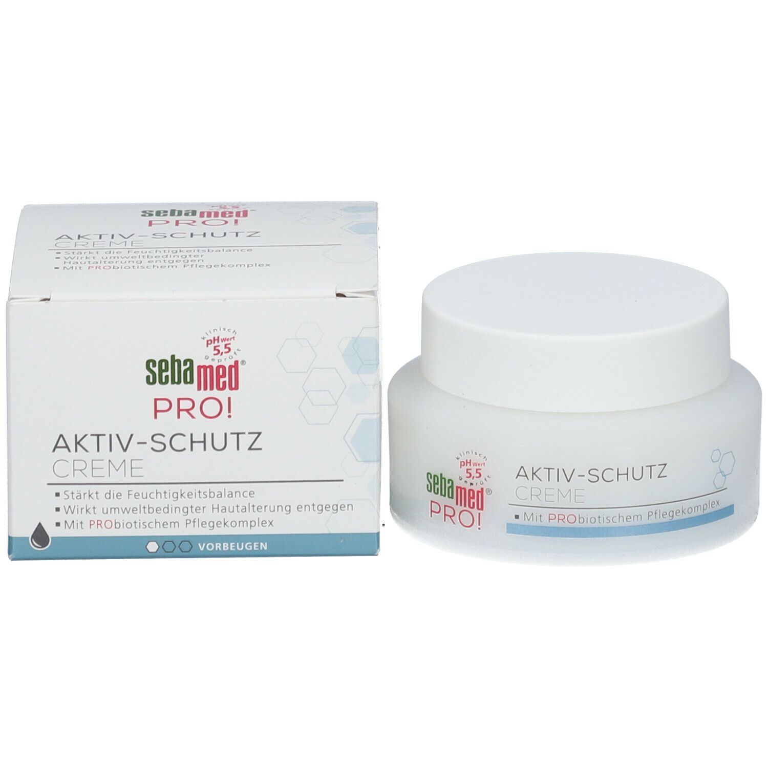 Creme-Glas und Karton. Aufschrift: sebamed PRO! Aktiv-Schutz Creme. pH 5,5. Mit probiotischem Pflegekomplex. Karton mit Text.