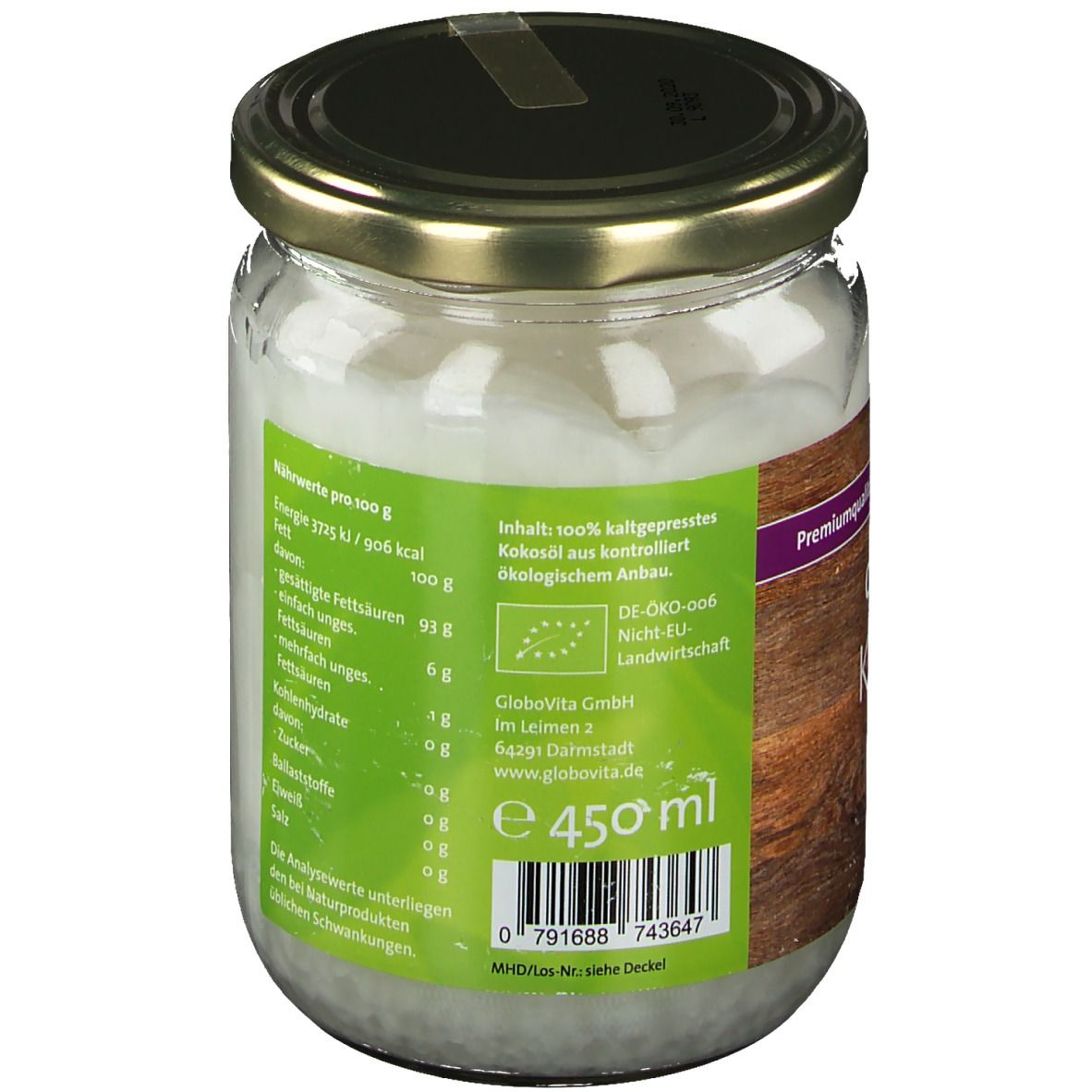 Glas mit duówell® Kokosöl nativ. Rückseite mit Nährwertangaben, Volumenangabe und Globovita-Logo.