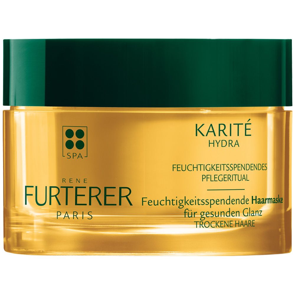Karité Hydra Haarmaske von René Furterer. Gelbe Creme in einem Glasbehälter mit grünem Deckel. Aufschrift: KARITÉ HYDRA.