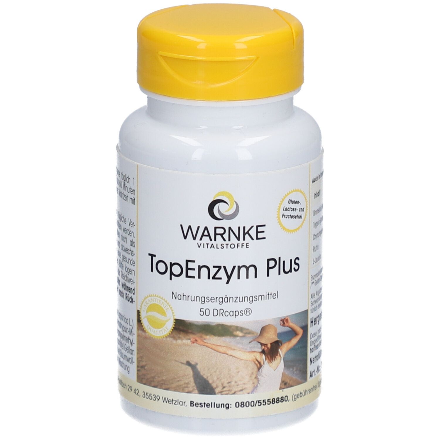 Weiße Flasche mit gelbem Deckel. Aufschrift: Warnke TopEnzym Plus. Nahrungsergänzungsmittel. 50 DRcaps.