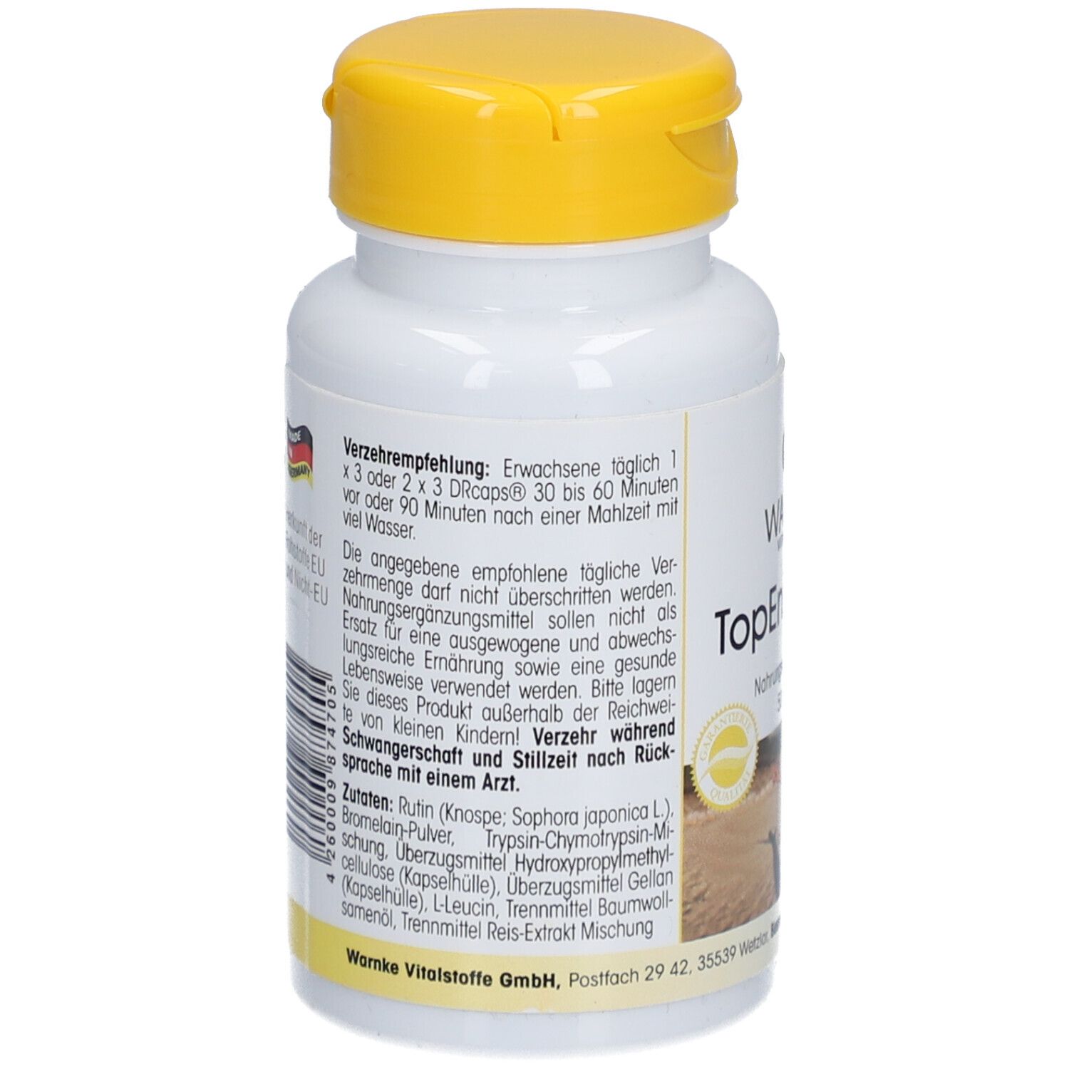 Rückseite der weißen Flasche mit gelbem Deckel. Text über Verzehrempfehlung und Inhaltsstoffe.