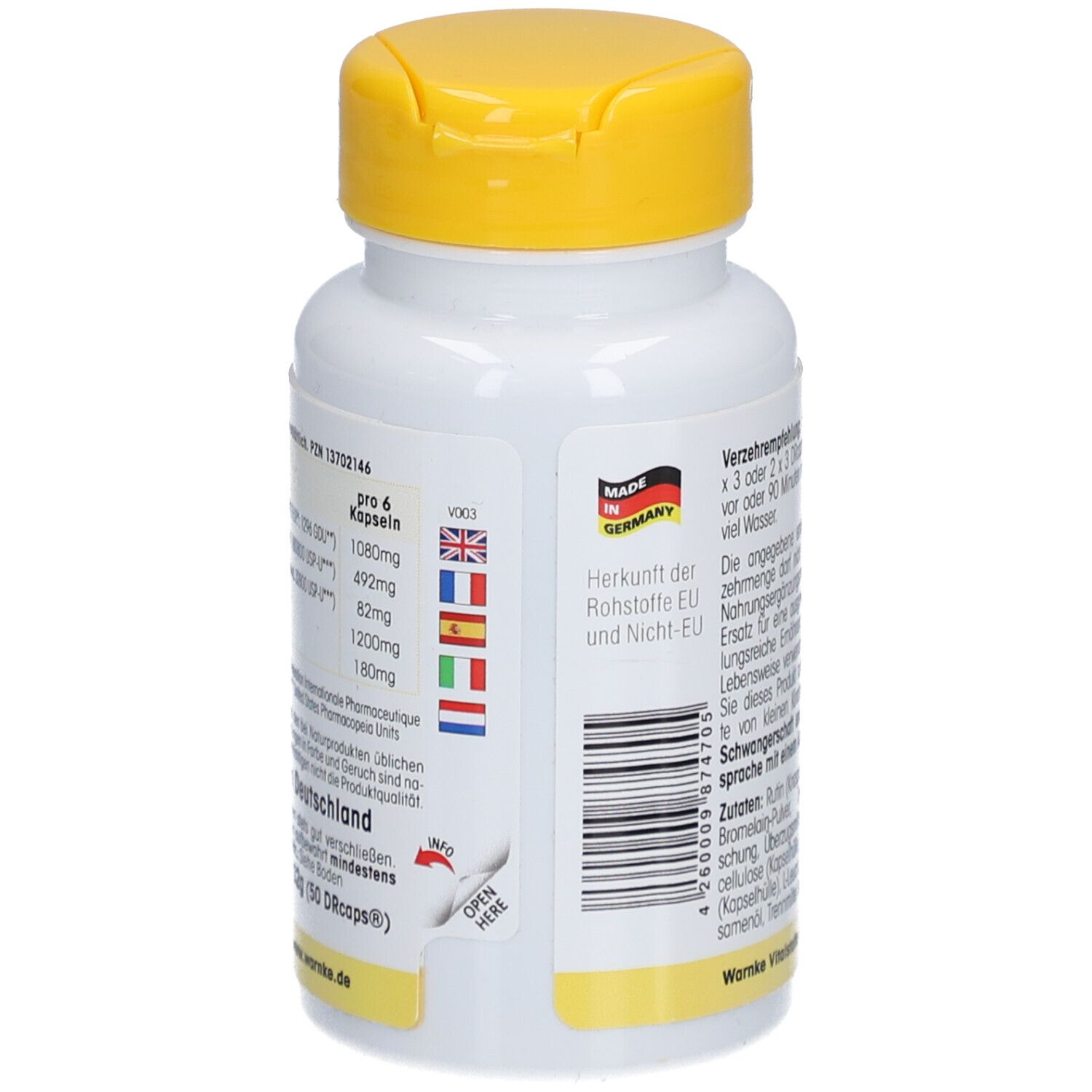 Rückseite der weißen Flasche mit gelbem Deckel. Text und Flaggen. Hergestellt in Deutschland.