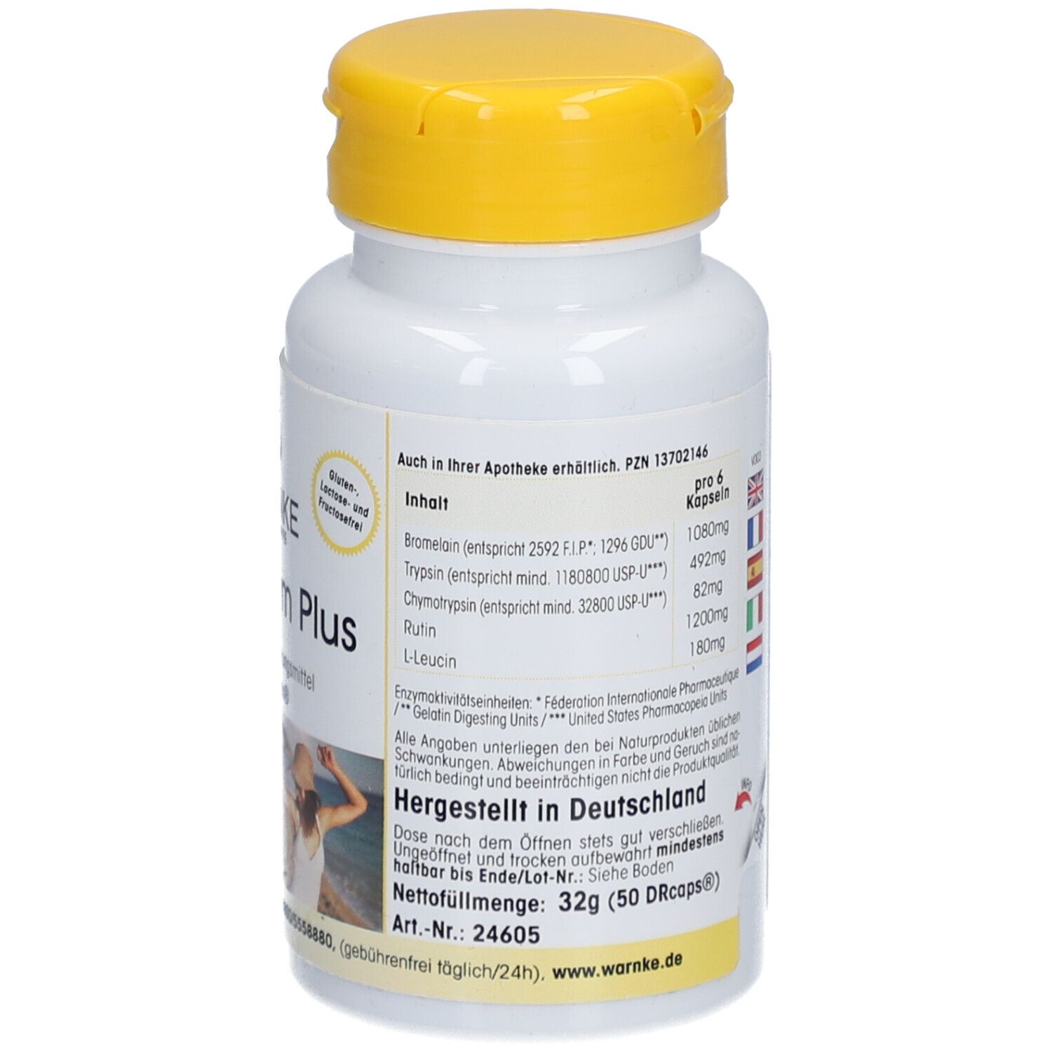 Weiße Flasche mit gelbem Deckel. Aufschrift: Warnke TopEnzym Plus. Nahrungsergänzungsmittel. 50 DRcaps. Hergestellt in Deutschland.