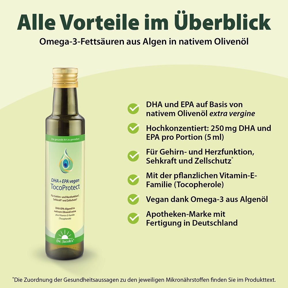 Dr. Jacob's DHA + EPA vegan TocoProtect Algenöl Olivenöl Omega-3-Fettsäuren