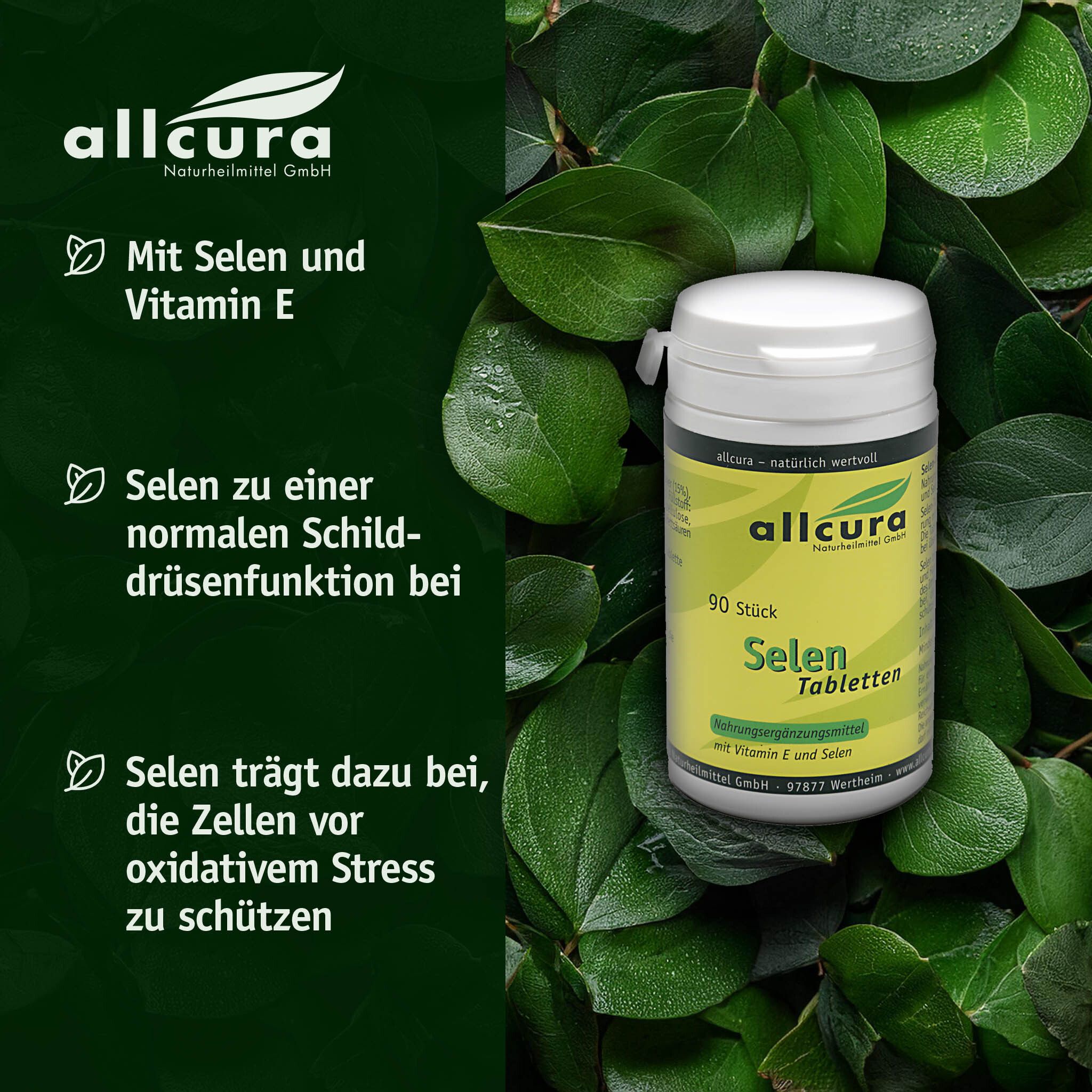 Weiße Dose mit grünem Etikett vor grünem Hintergrund. Text: Mit Selen und Vitamin E, Selen für normale Schilddrüsenfunktion.