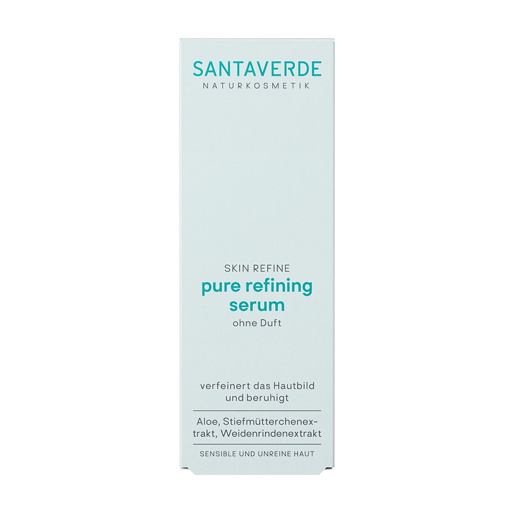 Verpackung von SANTAVERDE pure refining serum mit Produktinformationen.