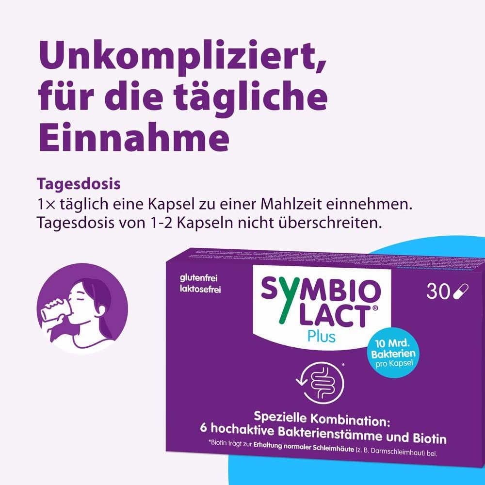 Schachtel SymbioLact® Plus mit 30 Kapseln. Text: Unkompliziert, für die tägliche Einnahme. 1 Kapsel täglich.