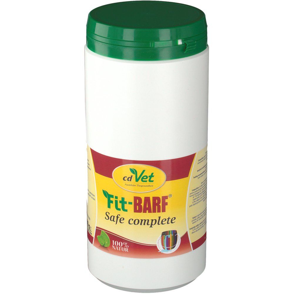Weiße Dose mit grünem Deckel. Aufkleber mit gelbem und rotem Hintergrund. Schriftzug: Fit-BARF Safe complete. Logo: cd Vet.