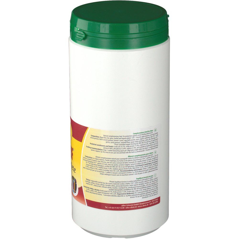 Weiße Dose mit grünem Deckel. Aufkleber mit Text auf gelbem und rotem Hintergrund. Logo: cd Vet. Rückseite mit Produktinformationen.