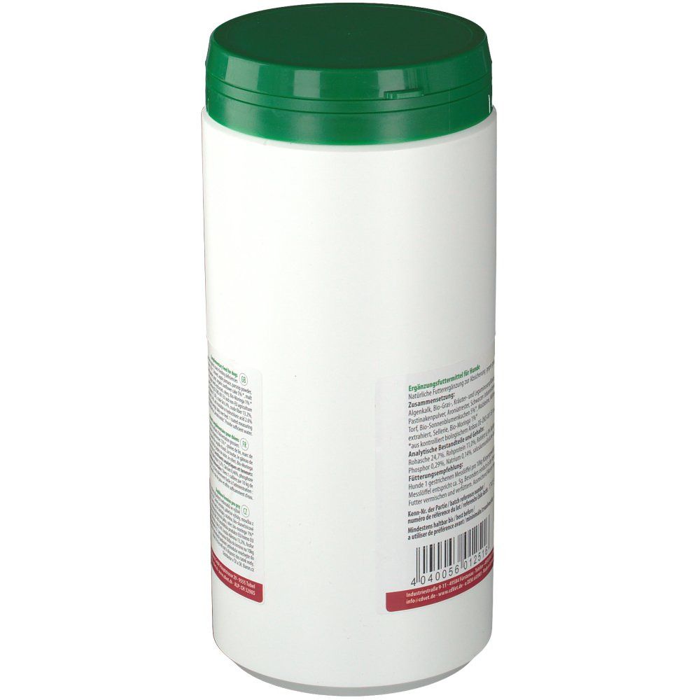 Weiße Dose mit grünem Deckel. Rückseite mit Text und Barcode. Aufkleber mit rotem Hintergrund. Logo: cd Vet. Produktinformationen.