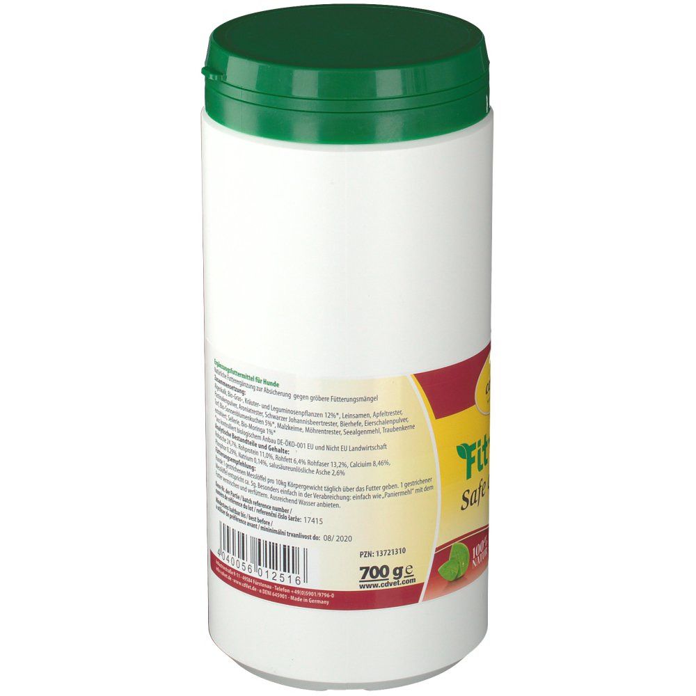 Weiße Dose mit grünem Deckel. Aufkleber mit Text und Barcode. Logo: cd Vet. Gewicht: 700 g. Produktinformationen. Roter Hintergrund.