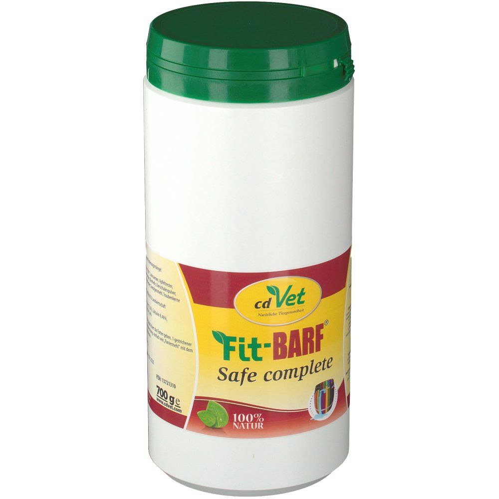 Weiße Dose mit grünem Deckel. Aufkleber mit gelbem und rotem Hintergrund. Schriftzug: Fit-BARF Safe complete. Logo: cd Vet. Gewicht: 700 g.