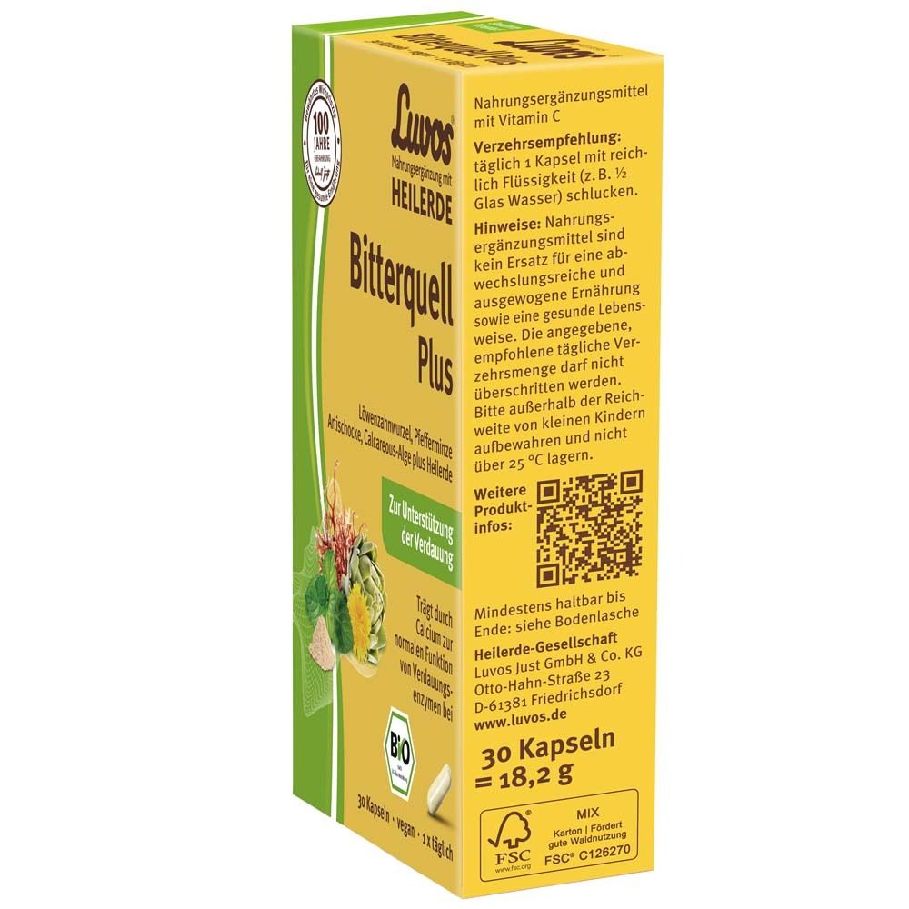 Gelbe Schachtel mit "Luvos Heilerde Bitterquell Plus". Text mit Verzehrempfehlung und Inhaltsstoffen. QR-Code.