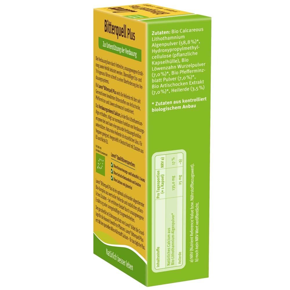 Gelbe Schachtel mit "Luvos Heilerde Bitterquell Plus". Text mit Inhaltsstoffen und Nährwertangaben. Bio-Siegel.