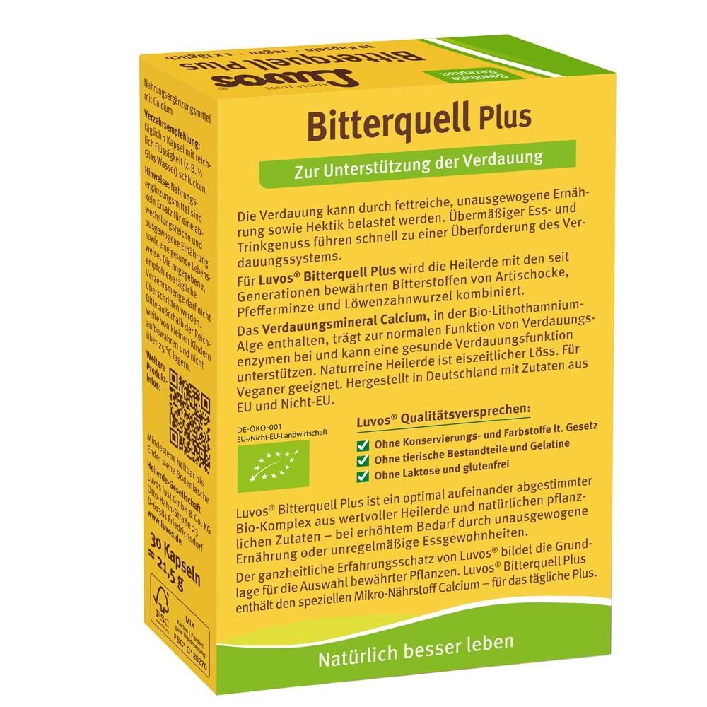 Gelbe Schachtel mit "Luvos Heilerde Bitterquell Plus". Text über die Verdauung. Bio-Siegel. Vegan.