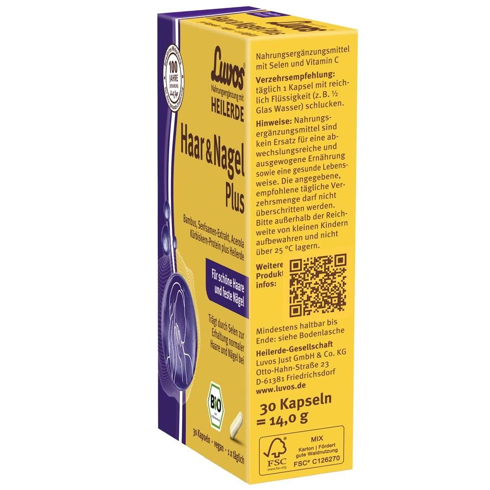 Gelbe Schachtel Luvos Haar & Nagel Plus. Text auf der Seite. 30 Kapseln. FSC-Siegel.