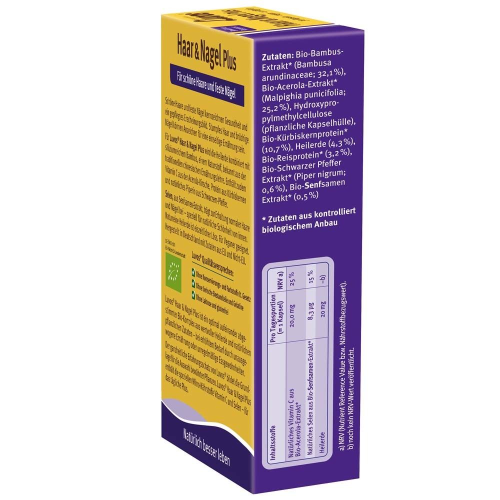 Gelbe Schachtel Luvos Haar & Nagel Plus. Zutatenliste und Nährwertangaben. Bio-Siegel.