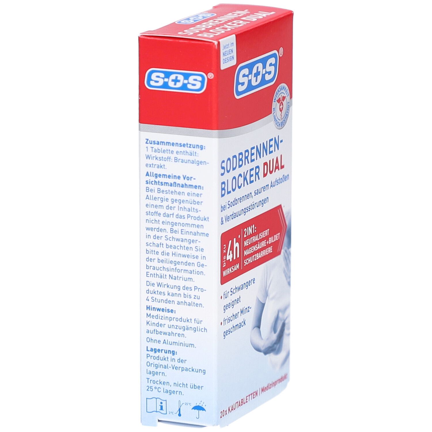 Rote und weiße Verpackung SOS Sodbrennen-Blocker Dual. Enthält 20 Kautabletten. Text mit Inhaltsstoffen und Vorsichtsmaßnahmen.