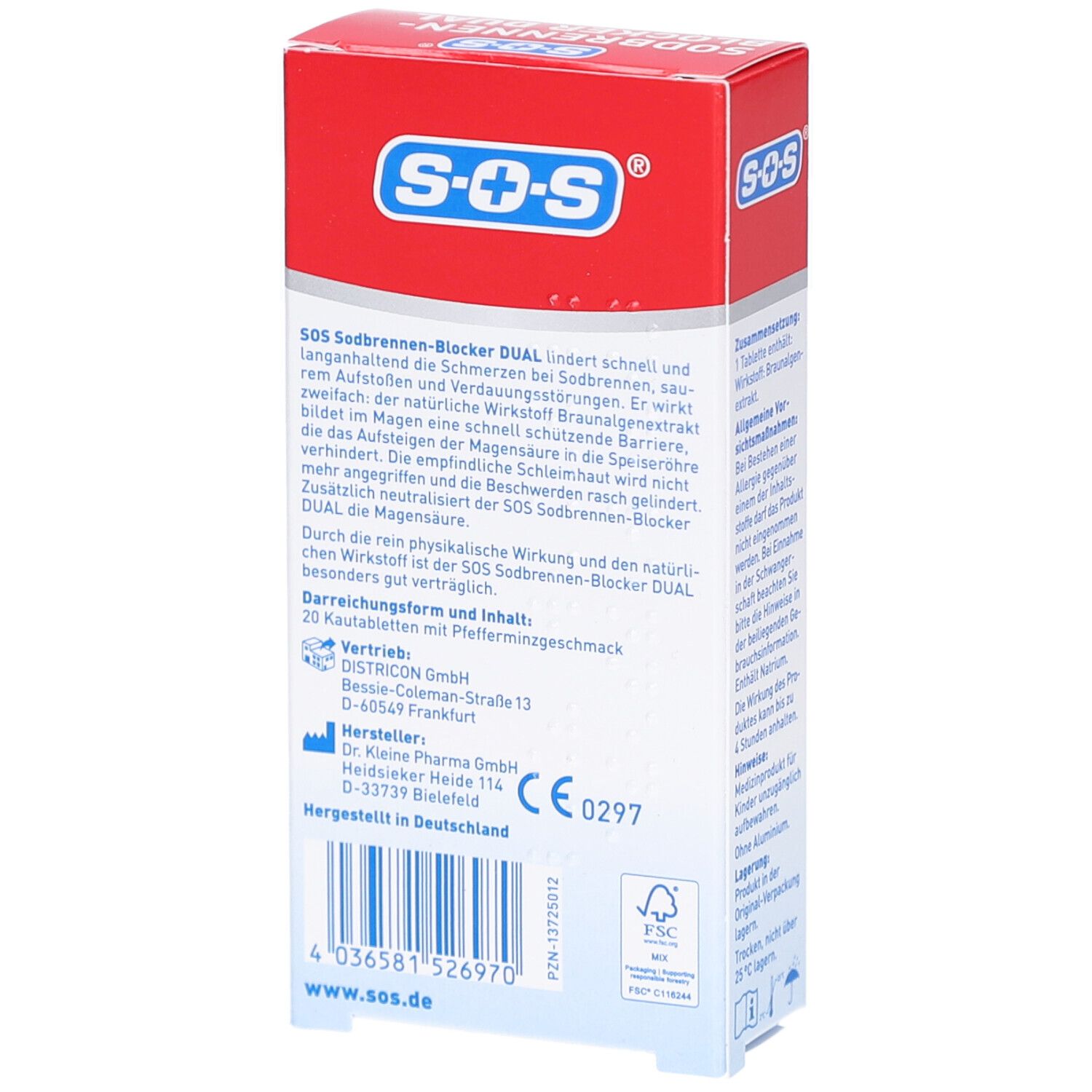 Rückseite der SOS Sodbrennen-Blocker Dual Verpackung. Text über die Wirkung und Inhaltsstoffe. Herstellerinformationen.