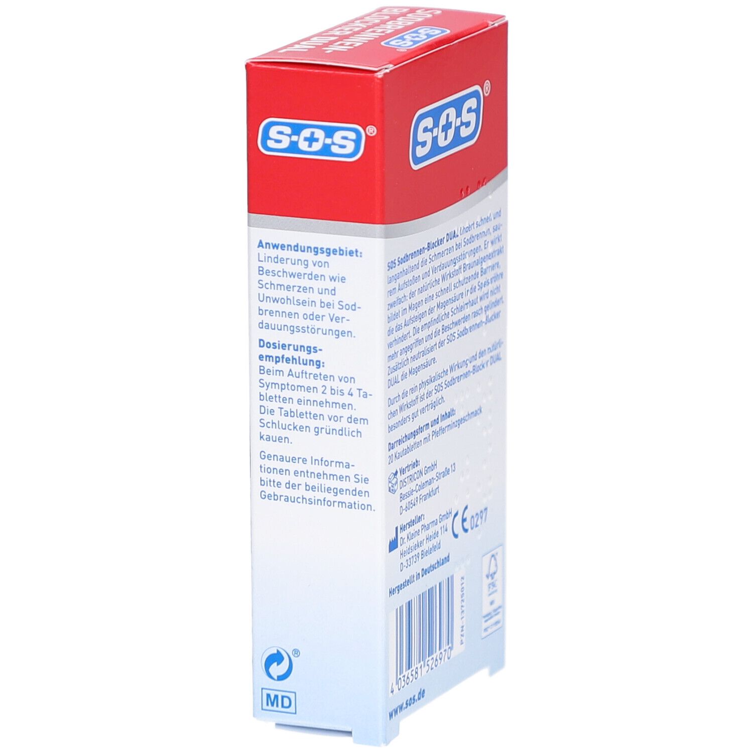 Seite der SOS Sodbrennen-Blocker Dual Verpackung. Text über Anwendungsgebiet und Dosierung. Medizinprodukt.