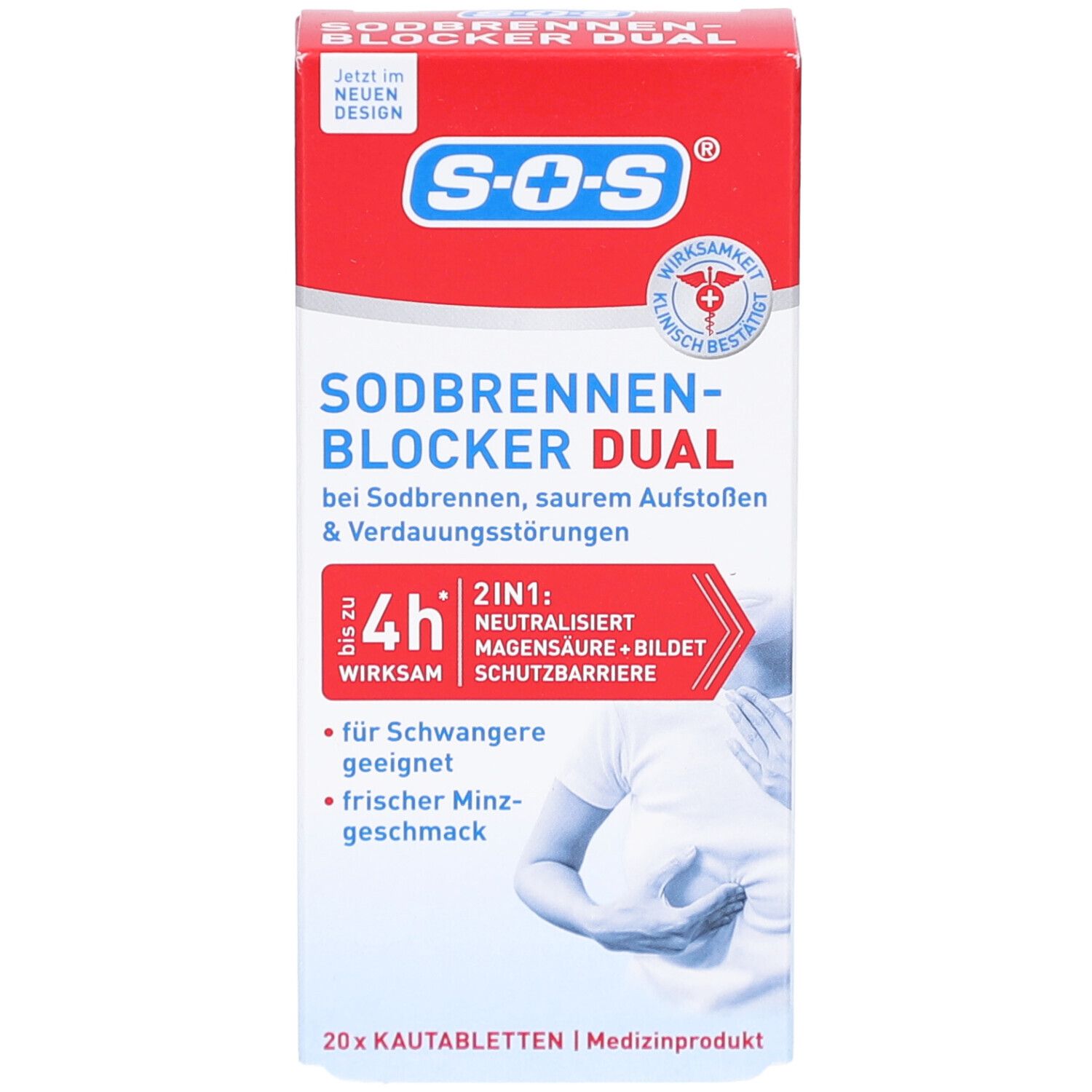 Rote und weiße Verpackung SOS Sodbrennen-Blocker Dual. Enthält 20 Kautabletten. Klinisch bestätigt. Geeignet für Schwangere.