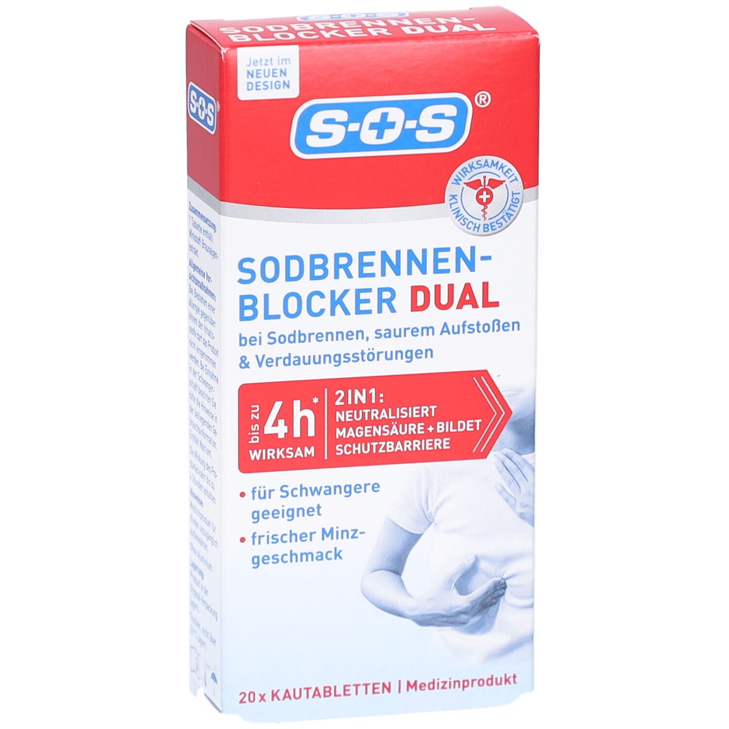 Rote und weiße Verpackung SOS Sodbrennen-Blocker Dual. Enthält 20 Kautabletten. Klinisch bestätigt. Geeignet für Schwangere.