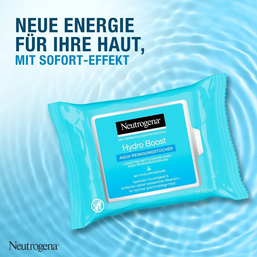 Neutrogena Hydro Boost Aqua Reinigungstücher. Blaue Verpackung auf blauem Hintergrund mit Text.