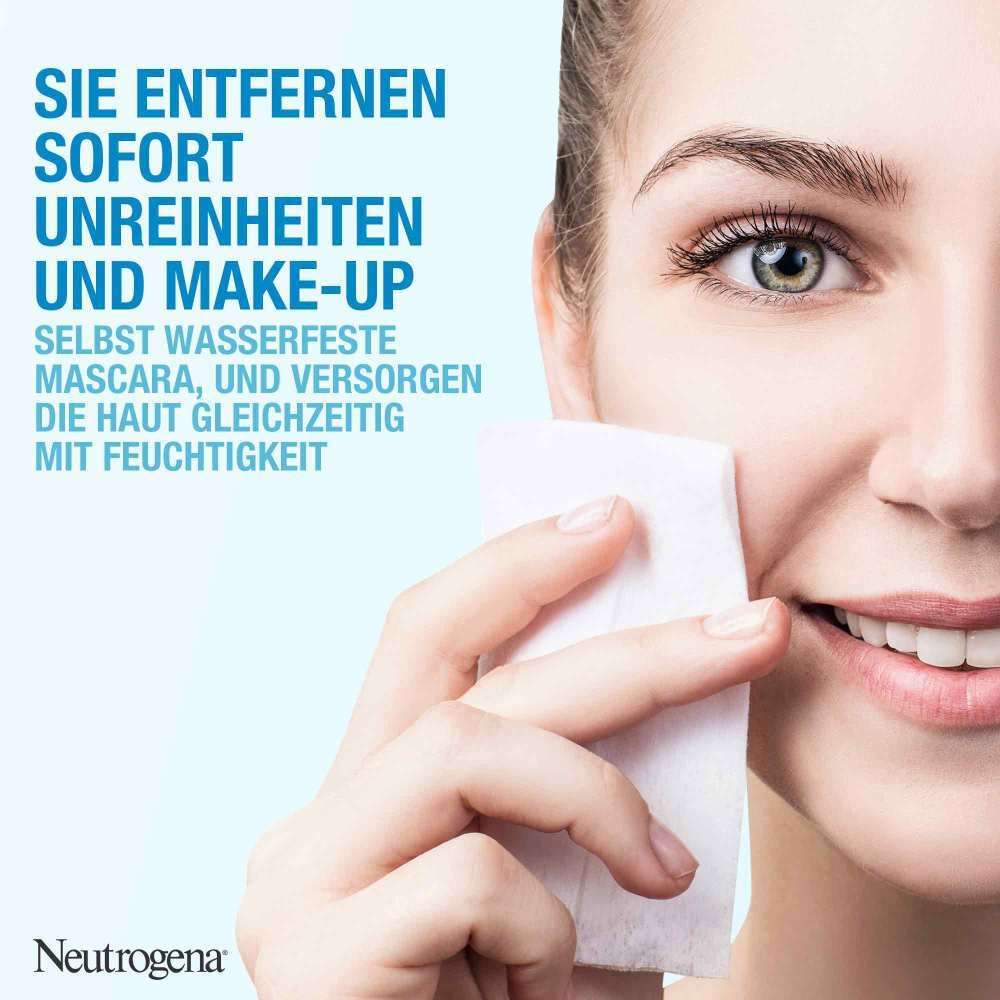 Frau reinigt Gesicht mit Reinigungstuch. Neutrogena Hydro Boost Aqua Reinigungstücher. Blaue Verpackung.