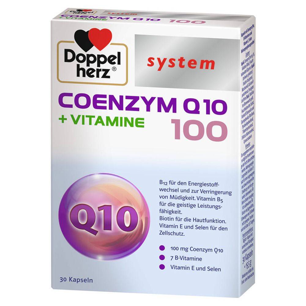 Verpackung von Doppelherz system Coenzym Q10 + Vitamine 100. Enthält 30 Kapseln. Mit Q10, Vitaminen und Mineralstoffen.