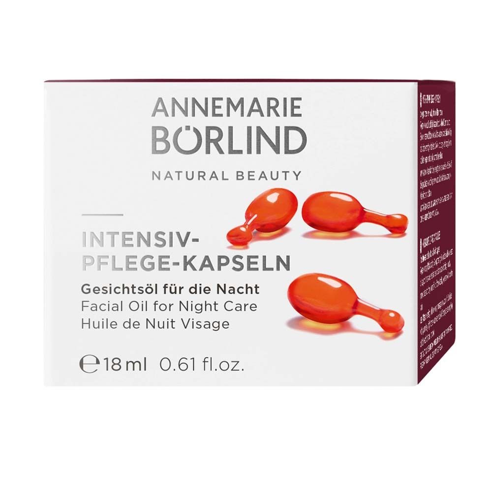 Verpackung mit Kapseln. Aufschrift: INTENSIV-PFLEGE-KAPSELN. Gesichtsol für die Nacht. 18 ml.
