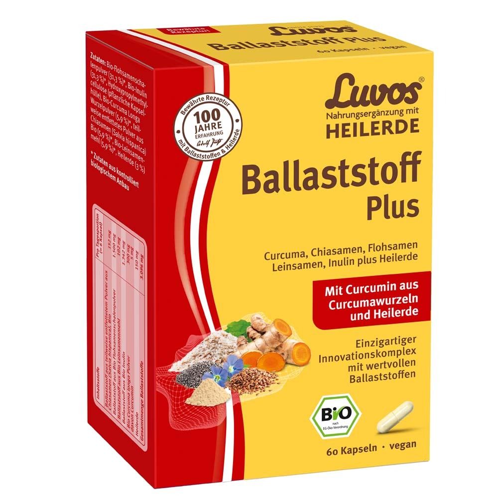Gelbe und rote Schachtel mit Luvos Heilerde Ballaststoff Plus. Enthält 60 Kapseln. Bio-Zertifizierung.