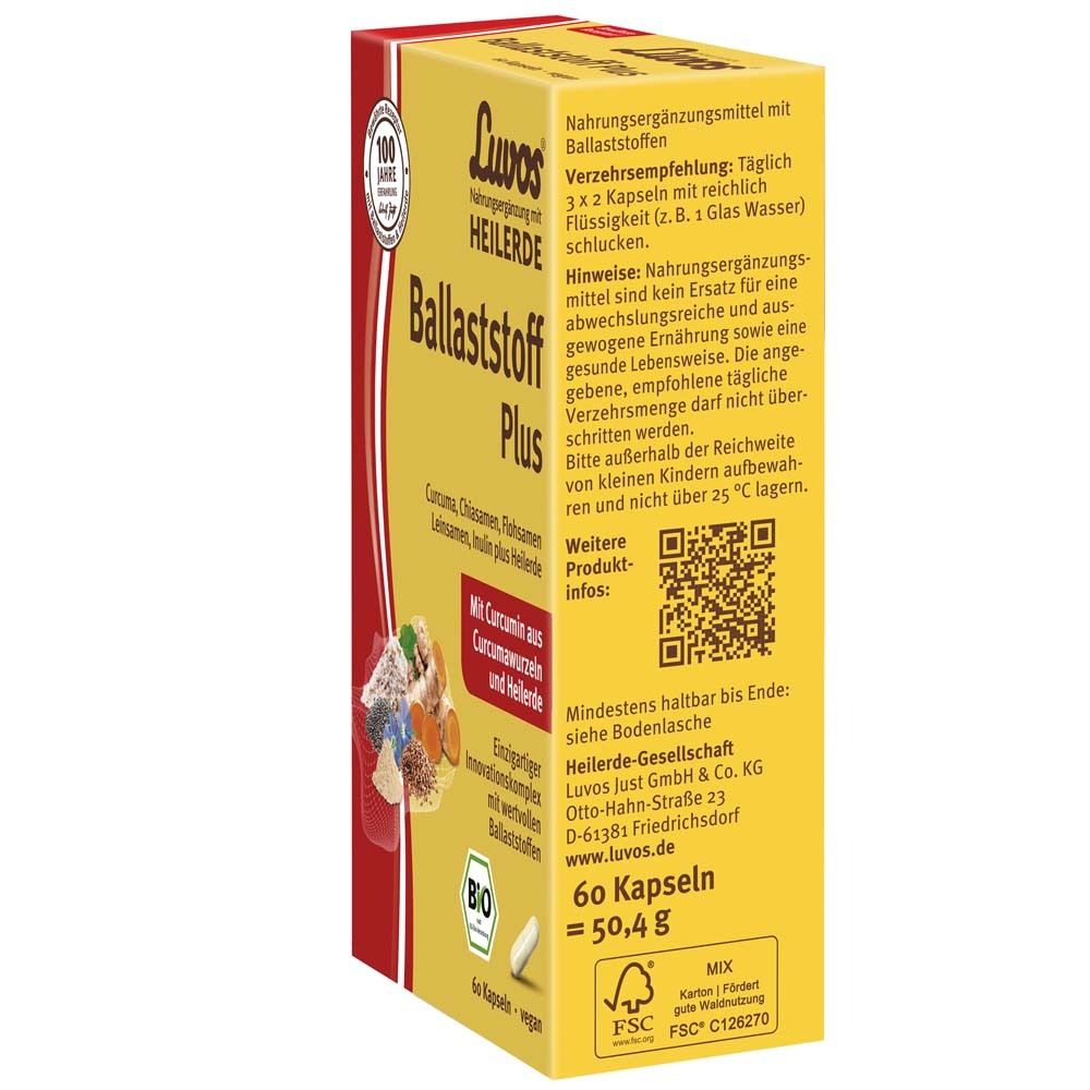 Rückseite der gelben Schachtel Luvos Heilerde Ballaststoff Plus. Enthält Informationen und QR-Code. 60 Kapseln.