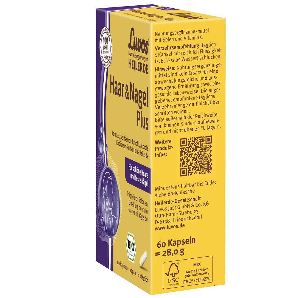 Rückseite der Luvos® Heilerde Haar & Nagel Plus Kapseldose mit Anwendungshinweisen.