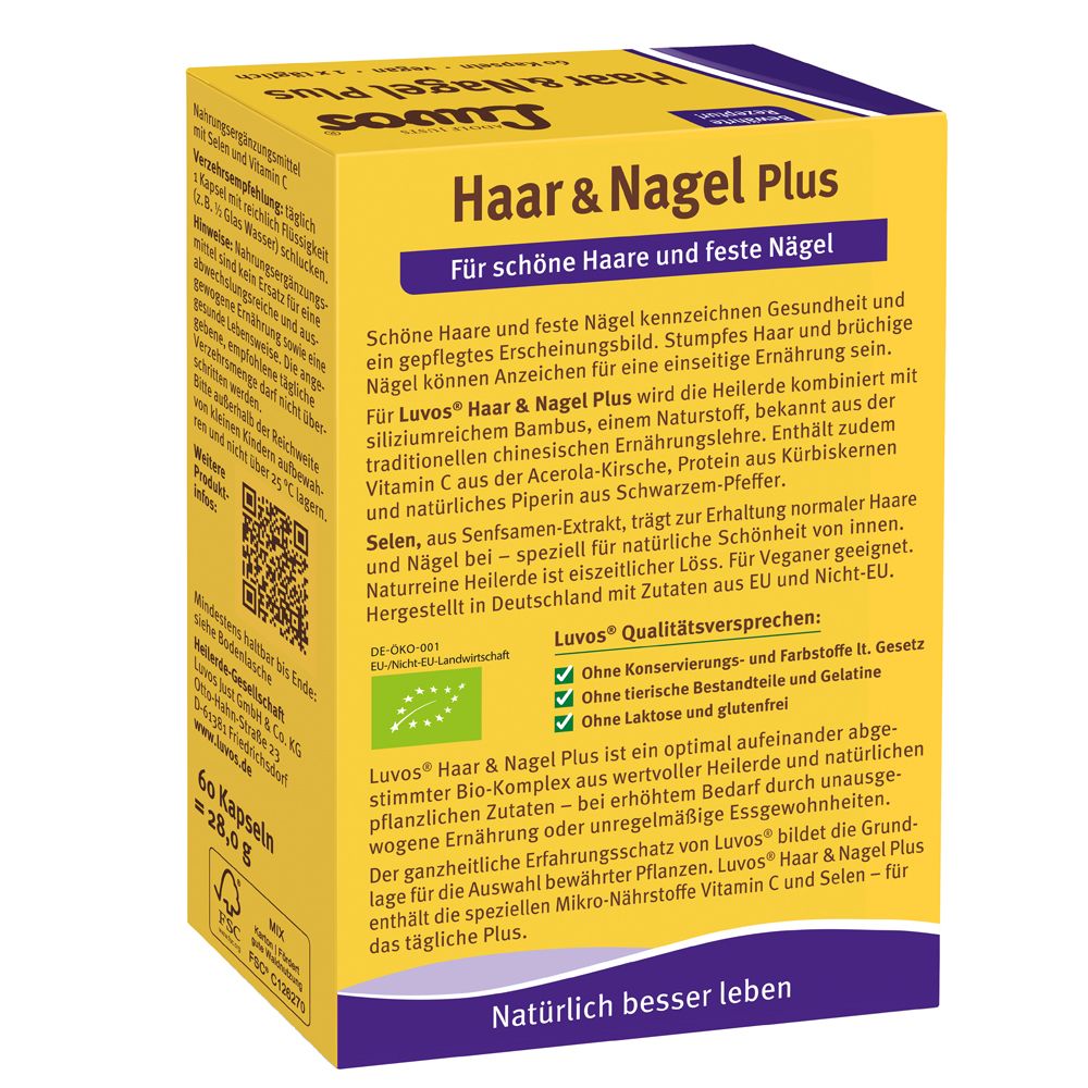 Seitenansicht der Luvos® Heilerde Haar & Nagel Plus Kapseldose mit Inhaltsstoffen.