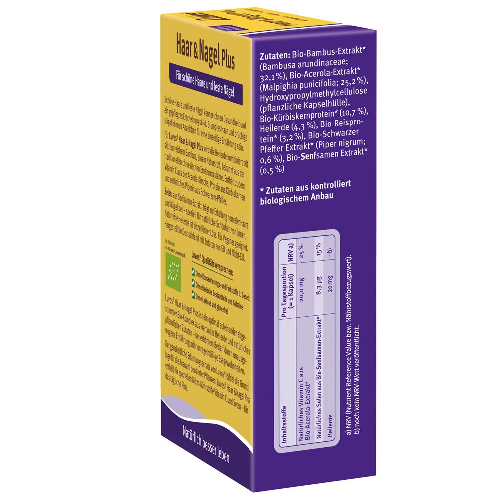 Seitenansicht der Luvos® Heilerde Haar & Nagel Plus Kapseldose mit Nährwertangaben.