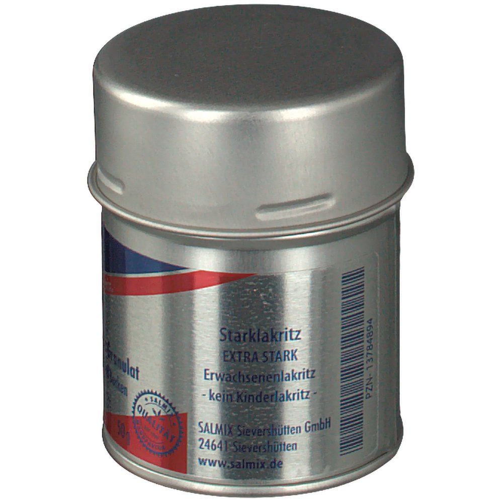 Zylindrische Dose mit Deckel. Aufschrift: Starklakritz Extra Stark, Salmix Sievershütten GmbH. Mit Qualitätszeichen.