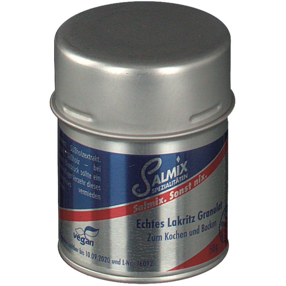 Zylindrische Dose mit Deckel. Aufschrift: Salmix Spezialitäten, Echtes Lakritz Granulat. Vegan-Logo. Mindestens haltbar bis 10.09.2020.