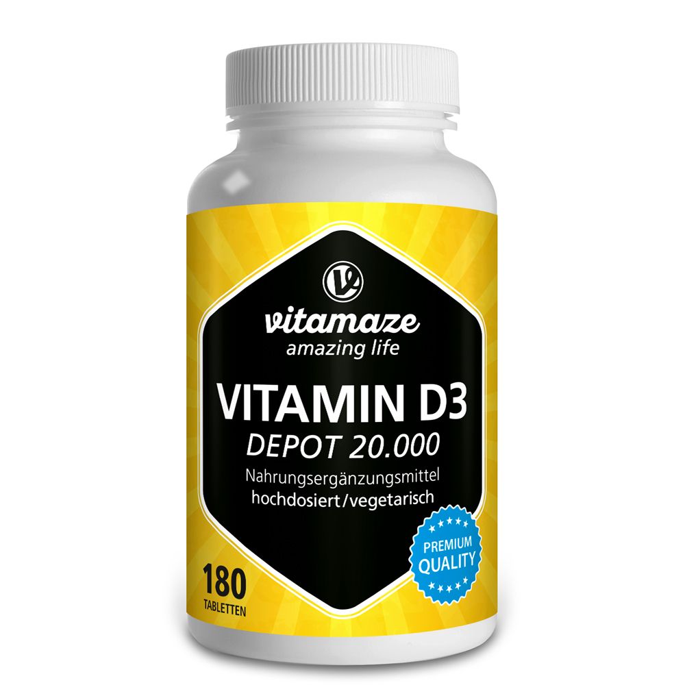 Vitamaze Vitamin D3 Depot 20.000 I.E. Flasche mit 180 Tabletten. Gelbes Etikett mit Produktinformationen.