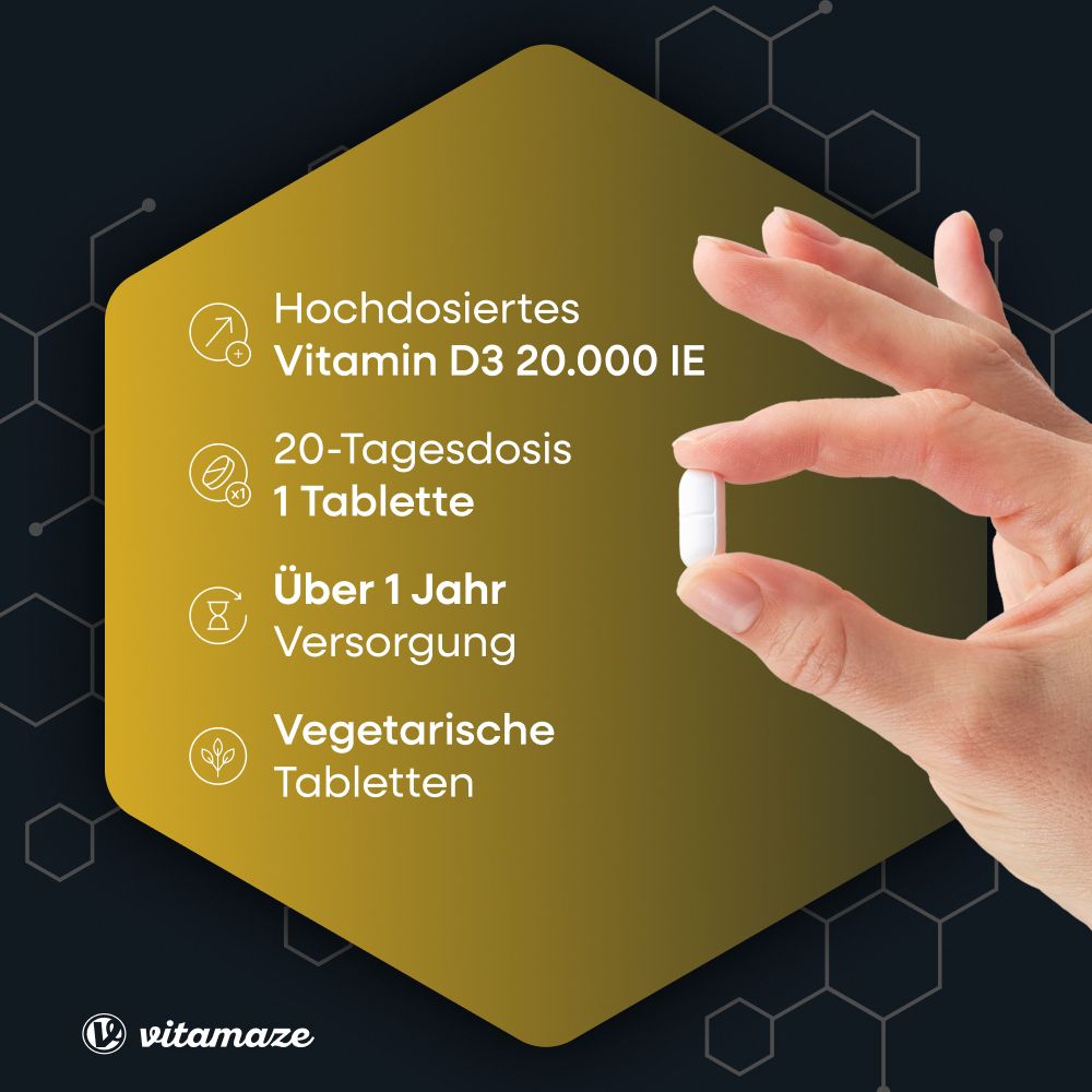 Hand hält eine Tablette. Gelber Hintergrund mit Informationen zu Vitamin D3.
