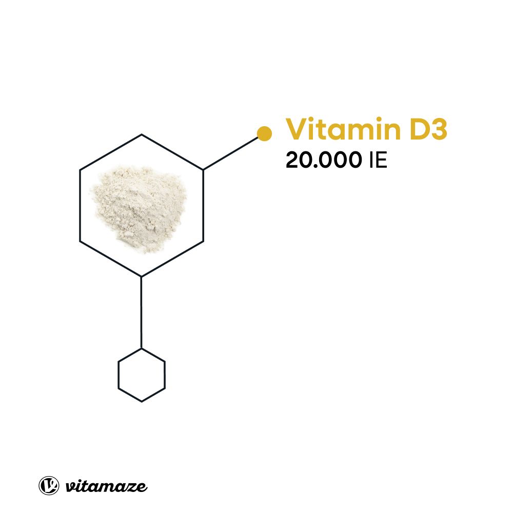 Grafische Darstellung von Vitamin D3. Gezeigt wird ein Pulver in einem sechseckigen Rahmen.