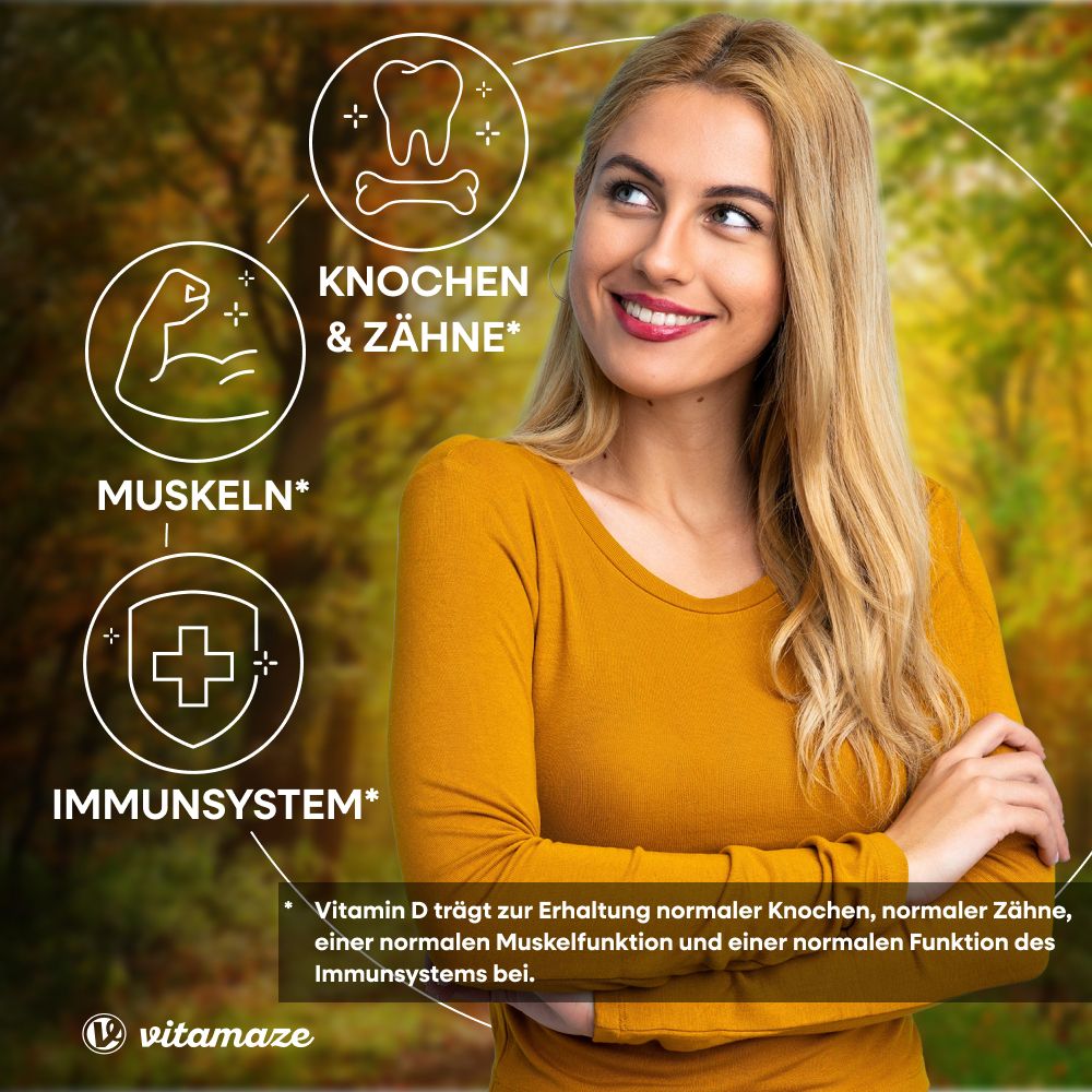 Frau lächelt. Grafiken zeigen Knochen, Muskeln und Immunsystem. Text über Vitamin D.