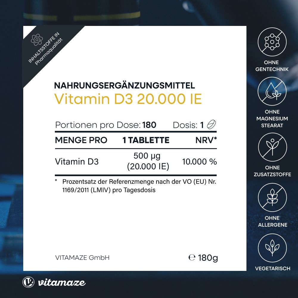 Nahrungsergänzungsmittel Vitamin D3 20.000 I.E. Tabelle mit Nährwertangaben und Inhaltsstoffen.