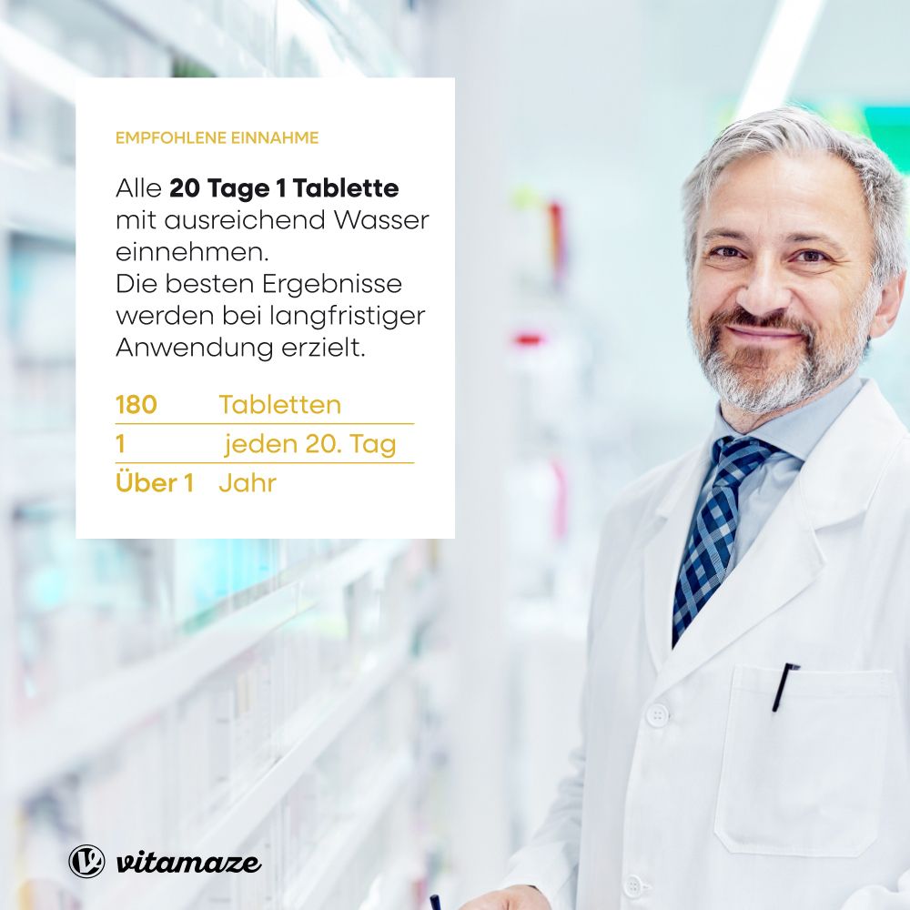 Arzt mit Text über die Einnahme von Vitamin D3. Einnahme: 1 Tablette alle 20 Tage.