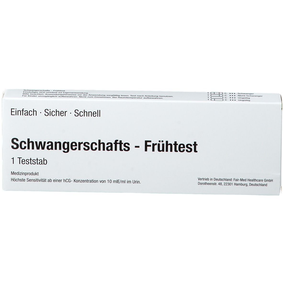 Weiße Schachtel mit Aufschrift "Schwangerschafts-Frühtest". Text: Einfach, Sicher, Schnell. Enthält 1 Teststab.