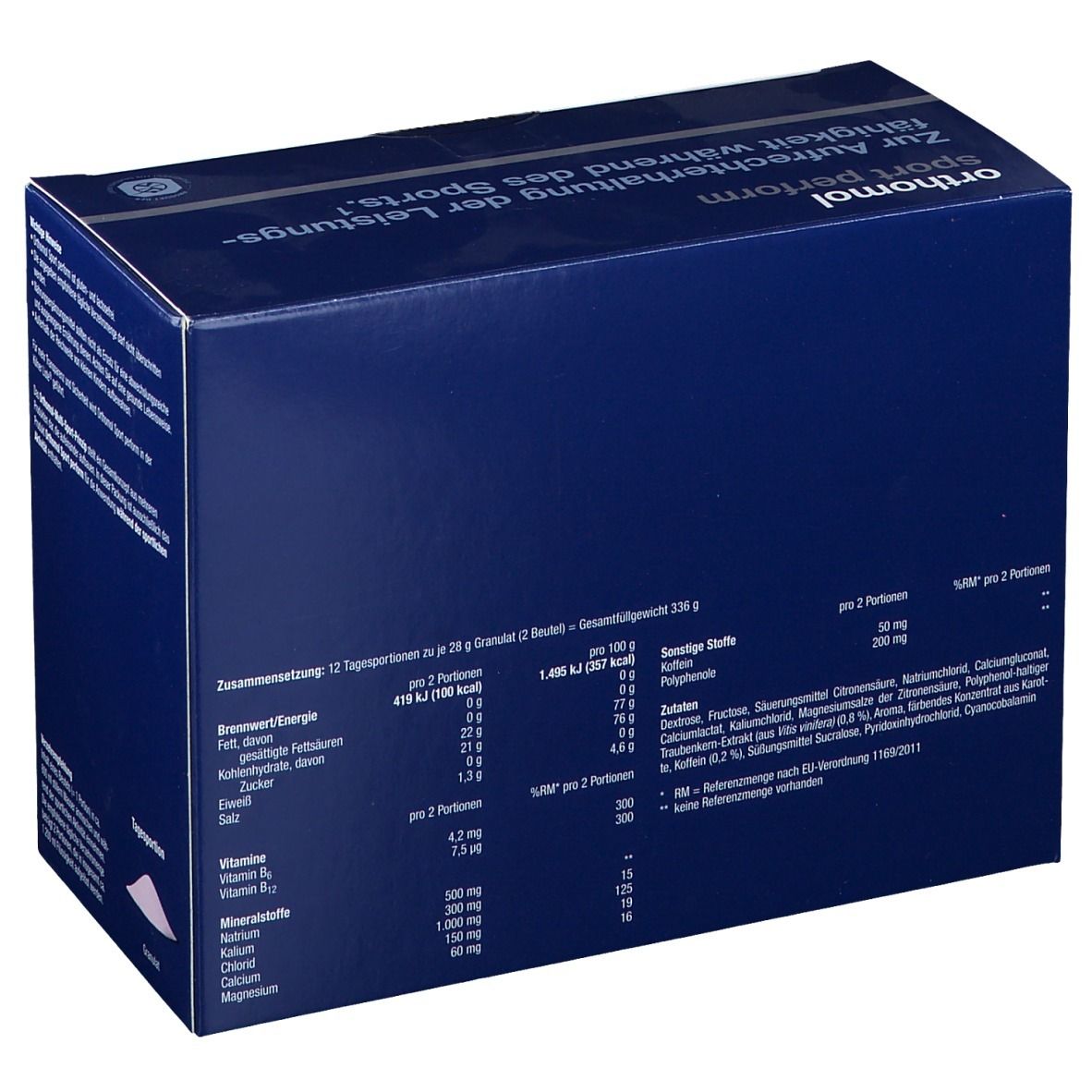 Blaue Verpackung mit Nährwertangaben und Inhaltsstoffen. Enthält 12 Tagesportionen. Gesamtgewicht 336g. Text in deutscher Sprache.
