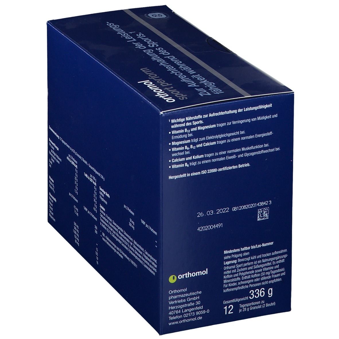 Blaue Verpackung mit Text und Logo "Orthomol sport perform". Enthält 12 Portionen. Gesamtgewicht 336 g. ISO 22000 Zertifizierung.
