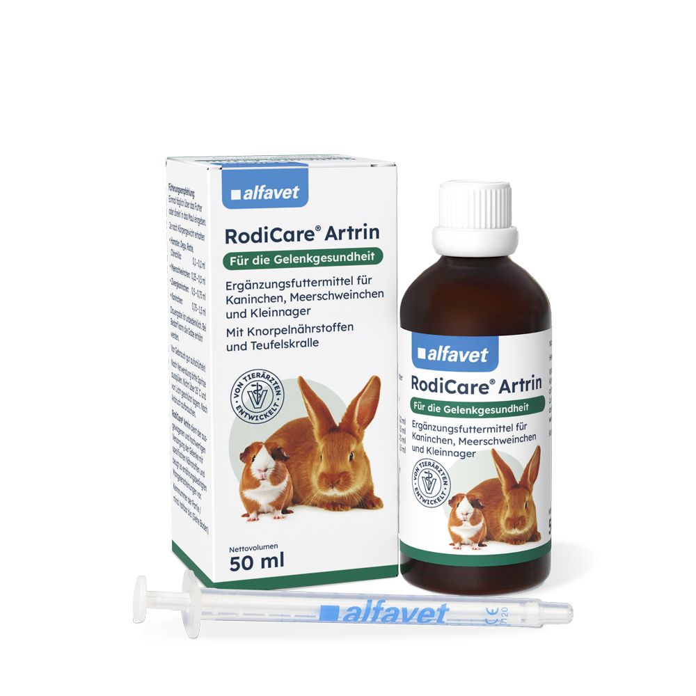 Alfabet RodiCare Arttrin Ergänzungsfuttermittel für Kaninchen, Meerschweinchen und Kleinnager. 50 ml Flasche mit Spritze.