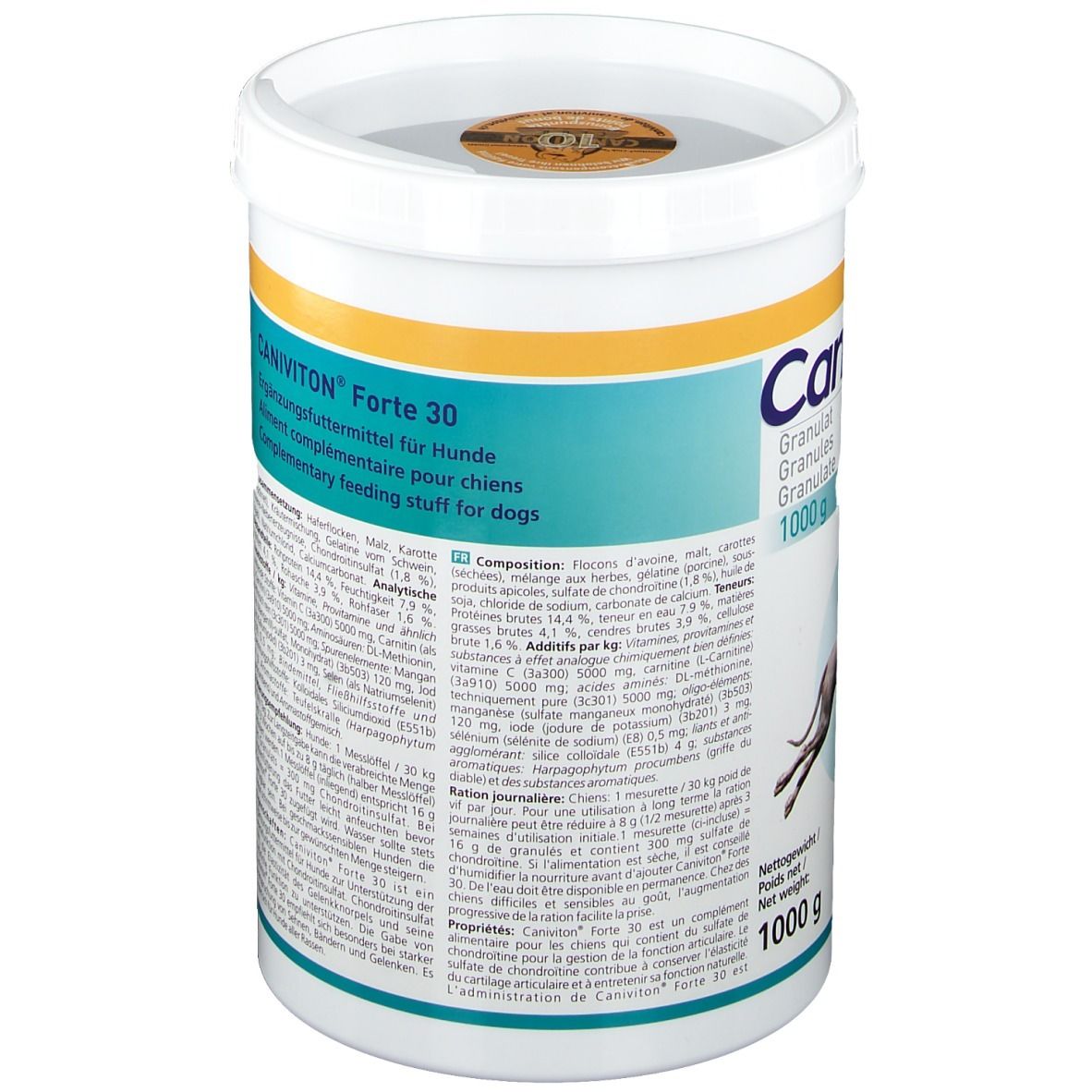 Rückseite des weißen Eimers mit CaniViton FORTE 30. Text über Ergänzungsfuttermittel für Hunde. Inhaltsstoffe und Gebrauchsanweisung.