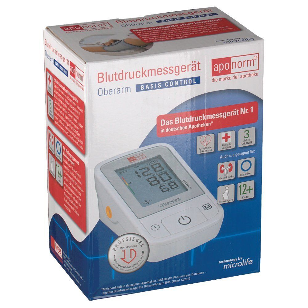 Blutdruckmessgerät in Verpackung. Digitalanzeige, weißes Gehäuse, gelber Knopf. Aufschrift: aponorm, Basis Control.